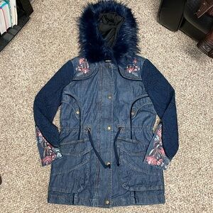Desigual denim padded insert jacket with detachable fur hood